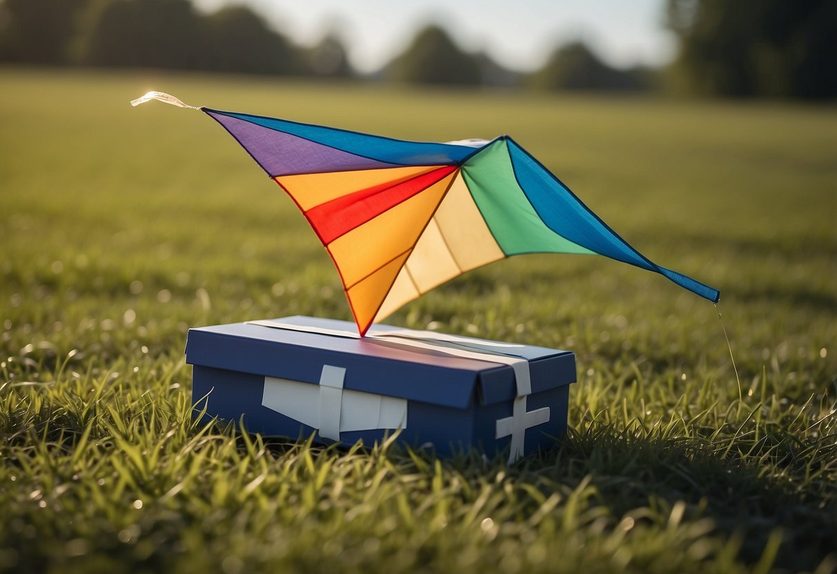 A colorful kite flying high in the sky, with a box of adhesive bandages and other first aid items lying nearby on the grass