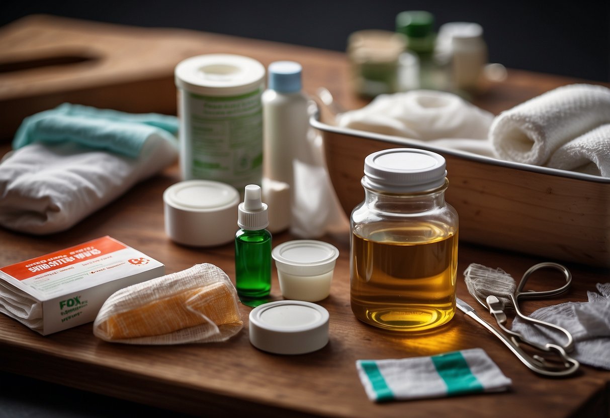 A table with 10 first aid items: alcohol swabs, bandages, gauze, adhesive tape, scissors, tweezers, antiseptic wipes, gloves, and a first aid manual