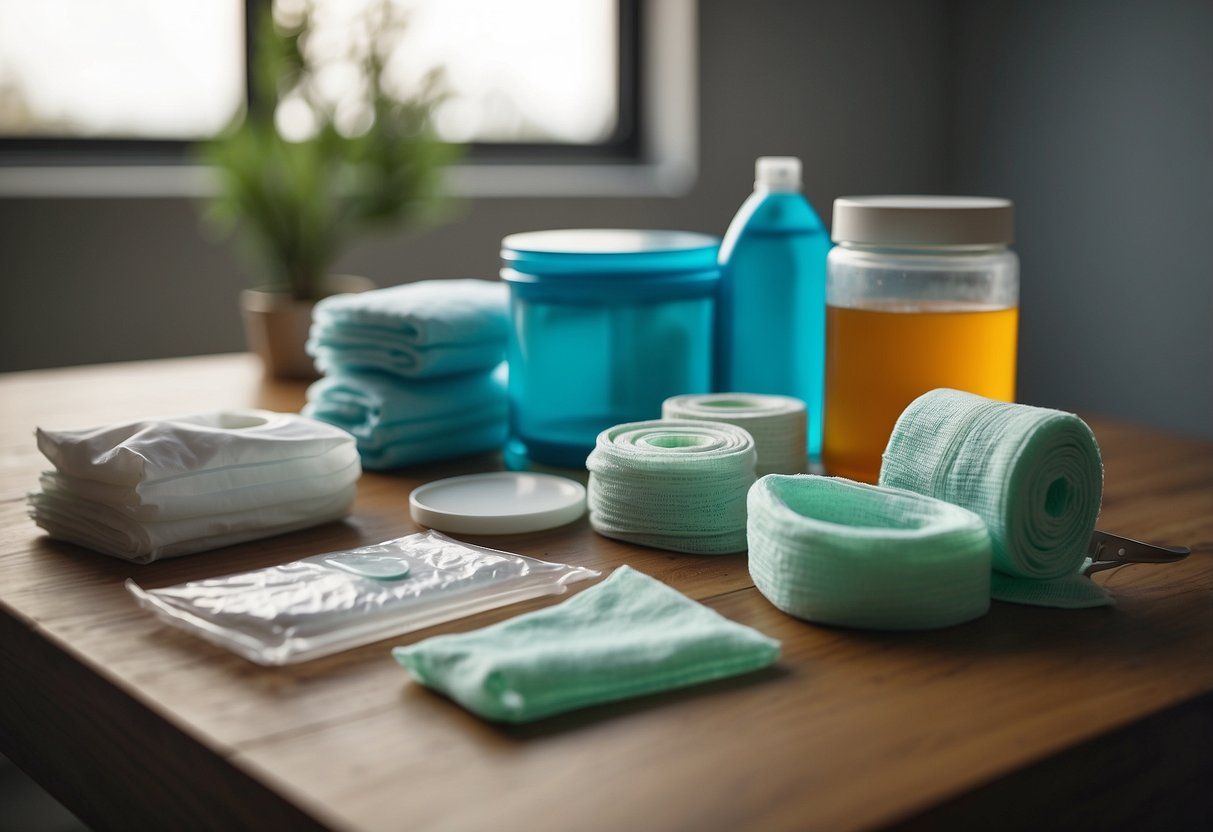 A table with sterile gauze pads, bandages, antiseptic wipes, and scissors. A first aid kit and a kite are nearby