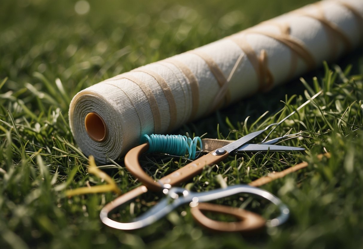 An elastic bandage unravels next to a kite, scissors, and other first aid items on a grassy field