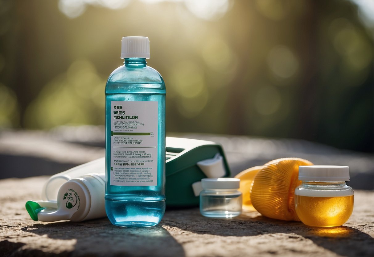 A bottle of eye wash solution sits among 10 essential first aid items for kite flying. The items are neatly arranged on a white surface, with the eye wash solution placed in the center