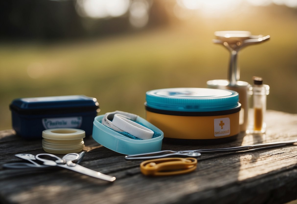 Tweezers lie next to bandages, antiseptic, and scissors in a first aid kit. A kite soars in the background