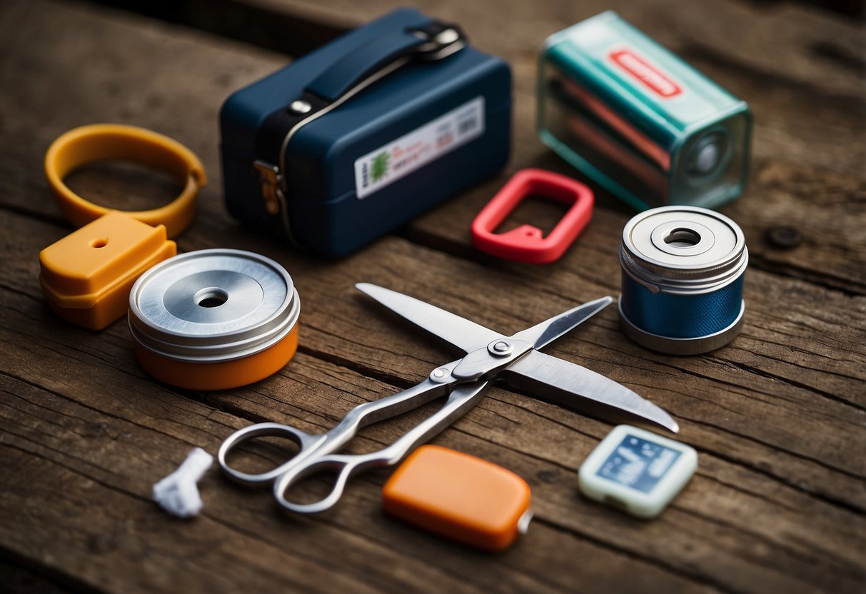 A pair of scissors next to a first aid kit with essential items for kite flying