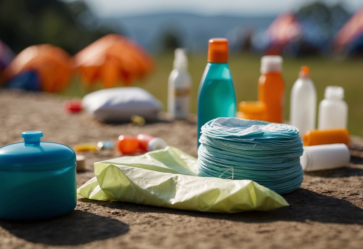 A kite flying scene with antiseptic wipes among first aid items