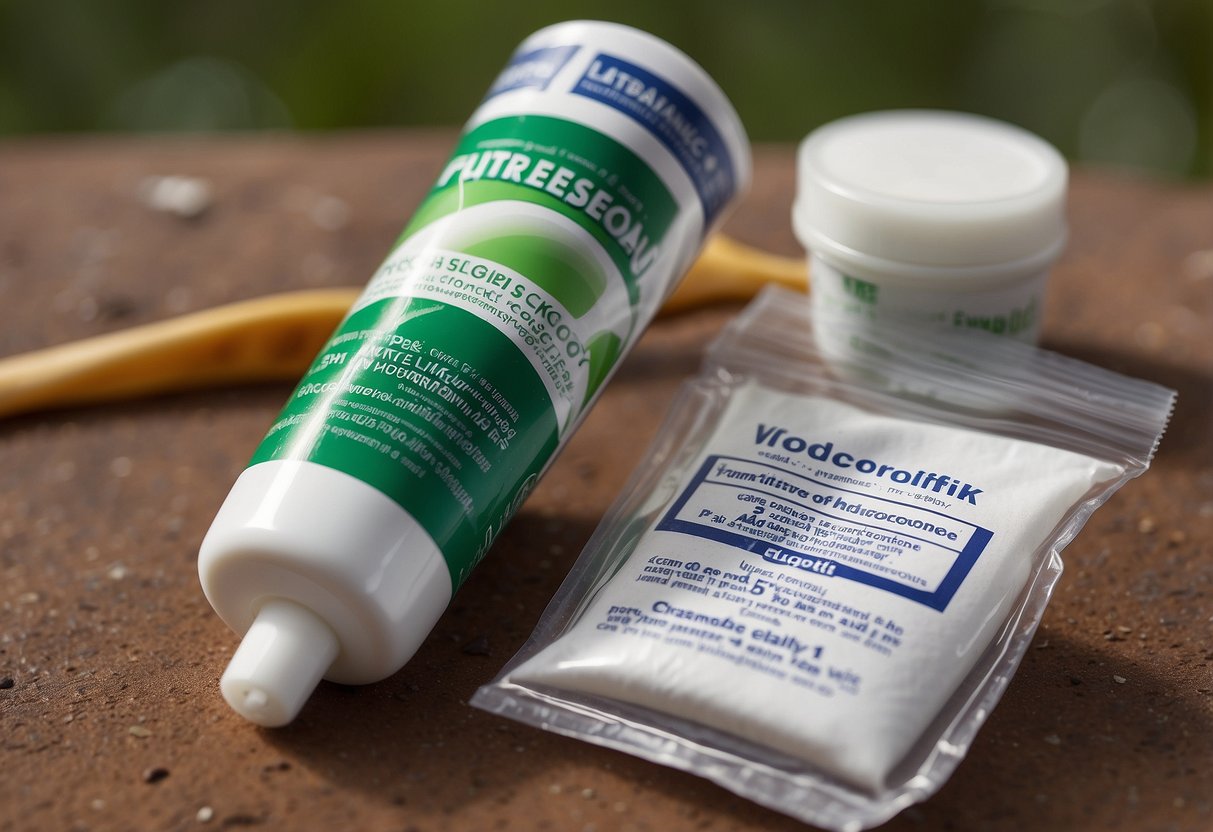 A tube of hydrocortisone cream sits among essential first aid items for kite flying: bandages, antiseptic wipes, and adhesive strips