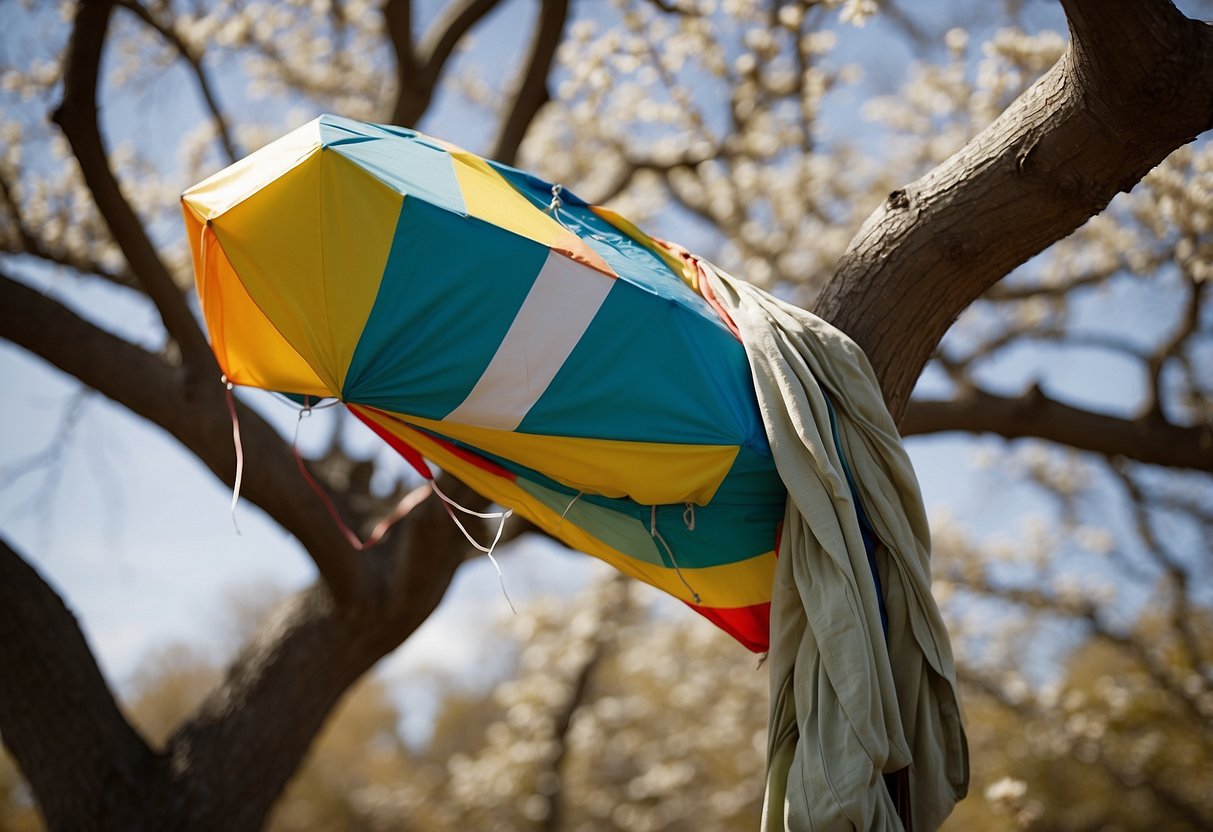 A colorful kite tangled in a tree, with a first aid kit and a thermal blanket nearby