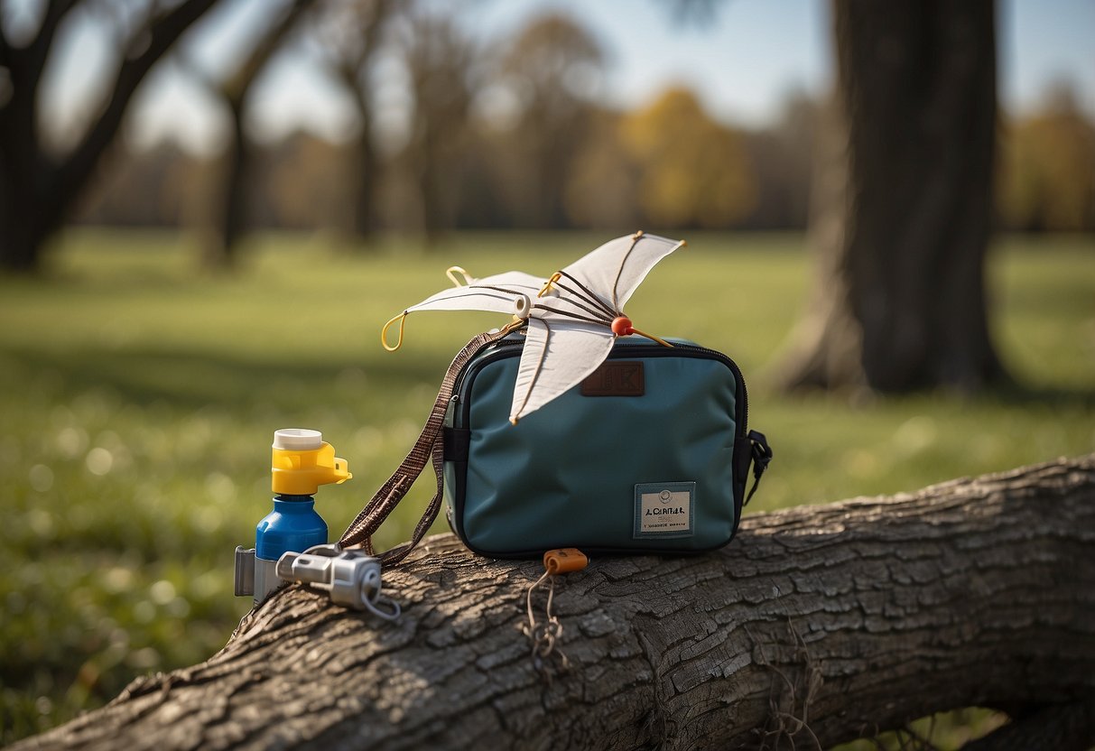 A kite caught in a tree, a tangled string, a child with a scraped knee, a first aid kit nearby, and a list of essential items for kite flying