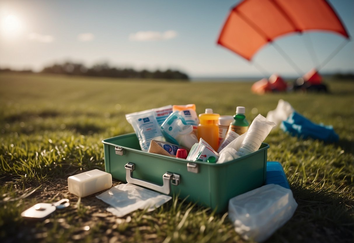 A kite flying scene with a first aid kit nearby, including items like bandages, antiseptic wipes, and scissors. The kite is soaring in the sky, while the first aid items are laid out neatly on the ground