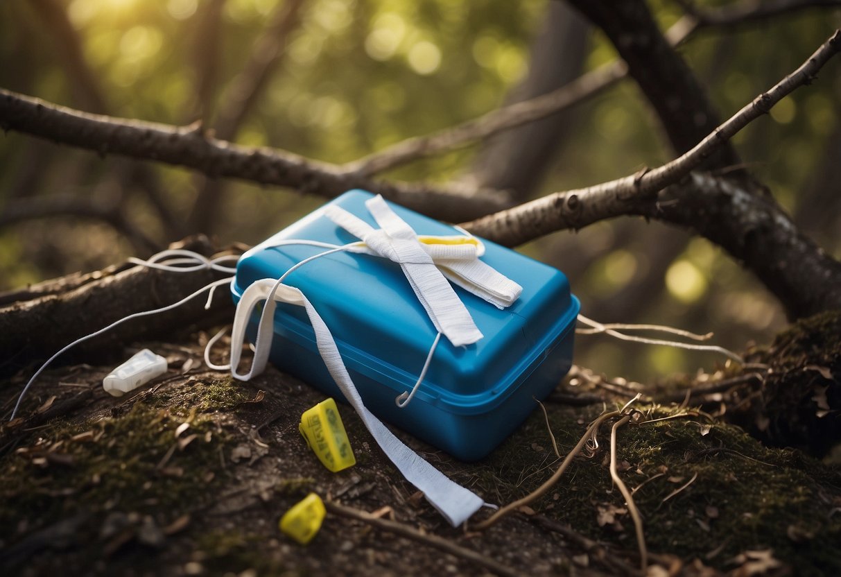 A kite tangled in a tree, a first aid kit open with bandages, scissors, and antiseptic wipes scattered on the ground