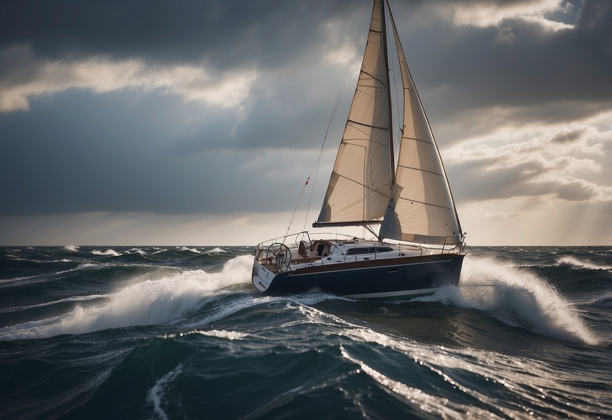 A sailboat navigating choppy waters under a cloudy sky, with waves crashing against the hull. The sails are billowing in the strong wind, as the boat leans to one side