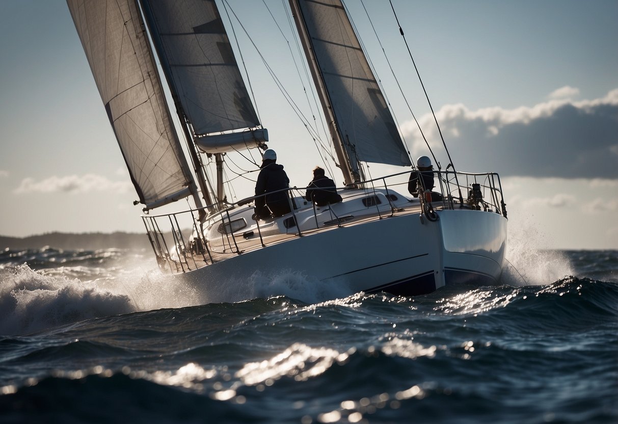 The sailboat cuts through choppy waters, its heavy sails billowing in the strong wind. The crew adjusts the rigging, navigating the challenging conditions with ease