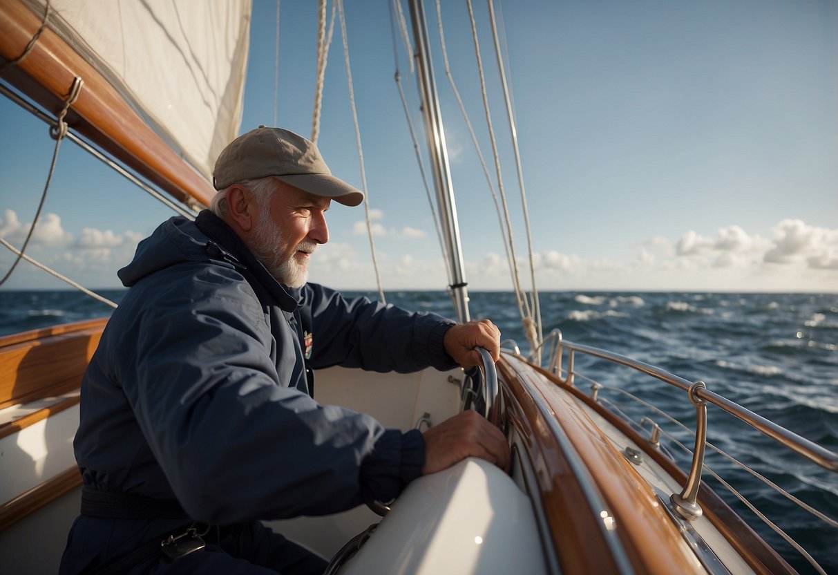 A sailboat captain checks weather forecast, secures equipment, and adjusts sails for windy conditions. Waves crash against the boat as it navigates through rough waters