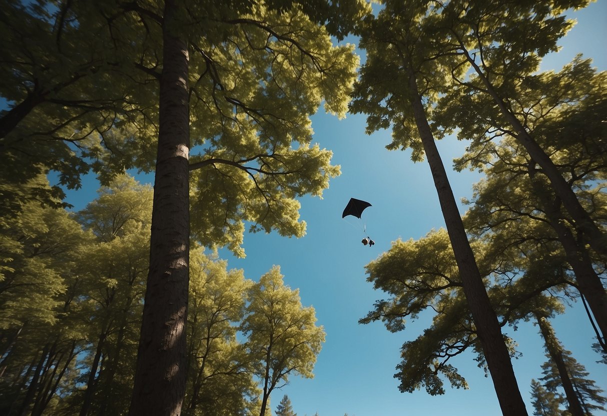 A kite soars above a lush forest, with a bear roaming in the distance. A clear blue sky and a gentle breeze create the perfect conditions for kite flying