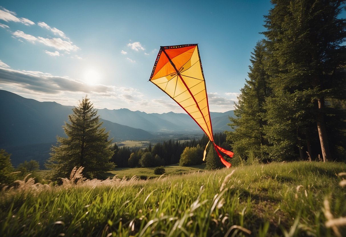 A kite flies high in the sky, soaring through the wind with ease. The surrounding landscape is filled with trees and mountains, creating a picturesque backdrop for the kite flying adventure