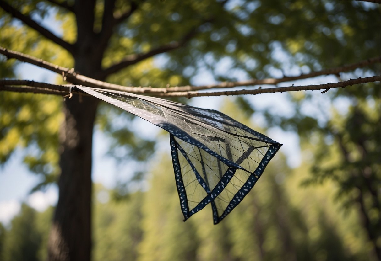 Sturdy string ties kite to tree branch in bear country
