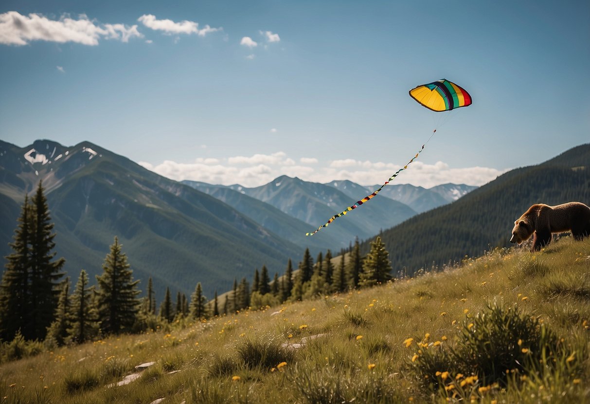 A kite flies high in a mountainous landscape as a bear roams in the distance. Caution signs and tips for kite flying in bear country are posted nearby