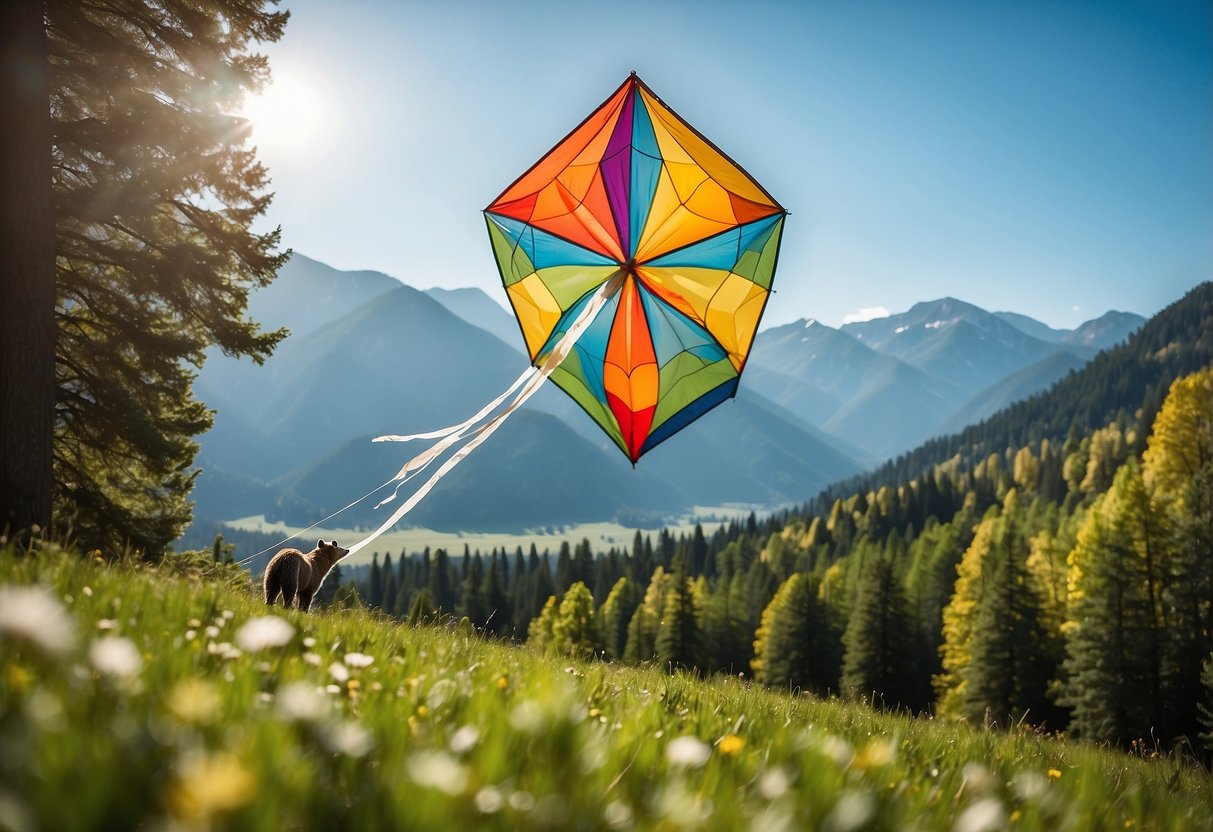 A sunny meadow with a clear blue sky, surrounded by lush green trees and mountains in the distance. A colorful kite soars high in the air, with a bear wandering in the background