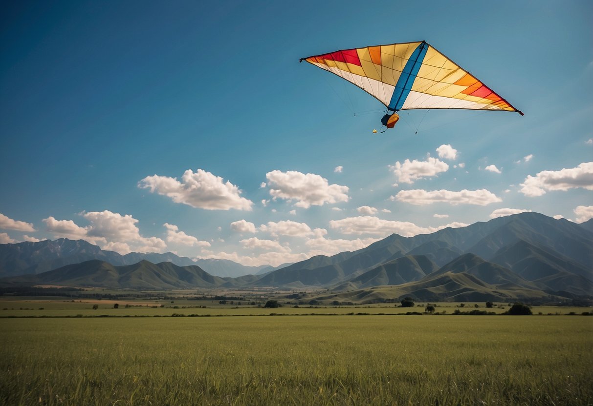 A wide open field with a clear blue sky, a kite flying high above, and distant mountains in the background