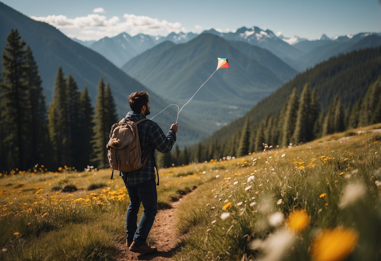 A person carrying bear spray while flying a kite in a mountainous area with trees and a bear in the distance