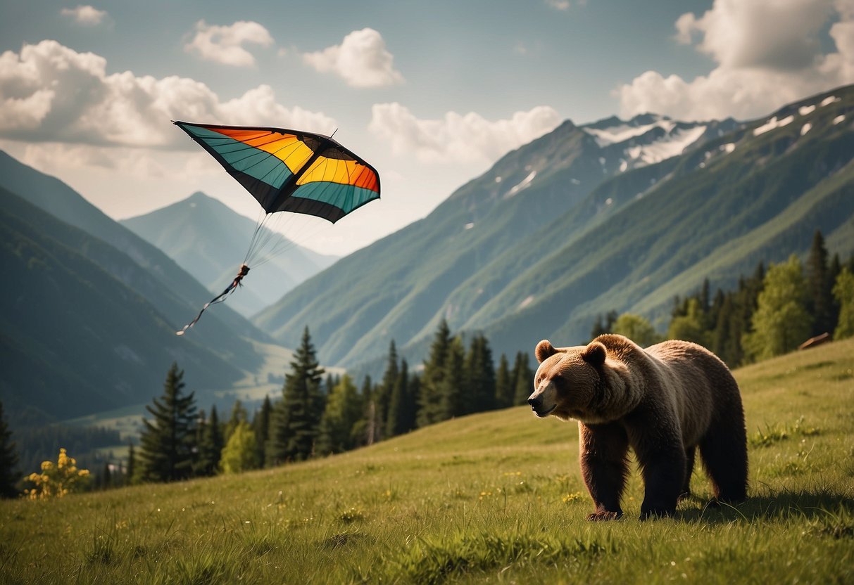 Two kites soar over a lush green meadow, framed by majestic mountains. A bear family watches from a safe distance, curious but unbothered