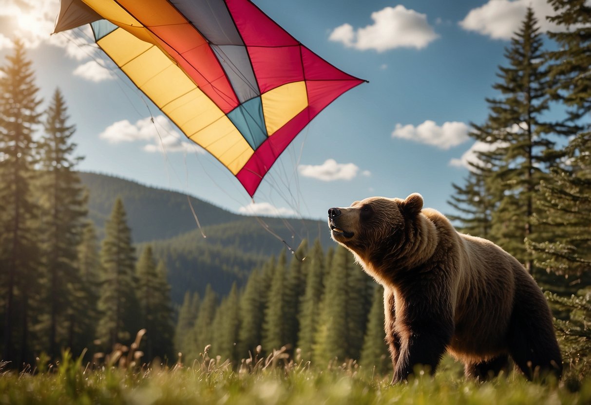 A bear watches as kites soar in the sky, surrounded by a forested area. The kites are flying high above the trees, while the bear observes from a safe distance