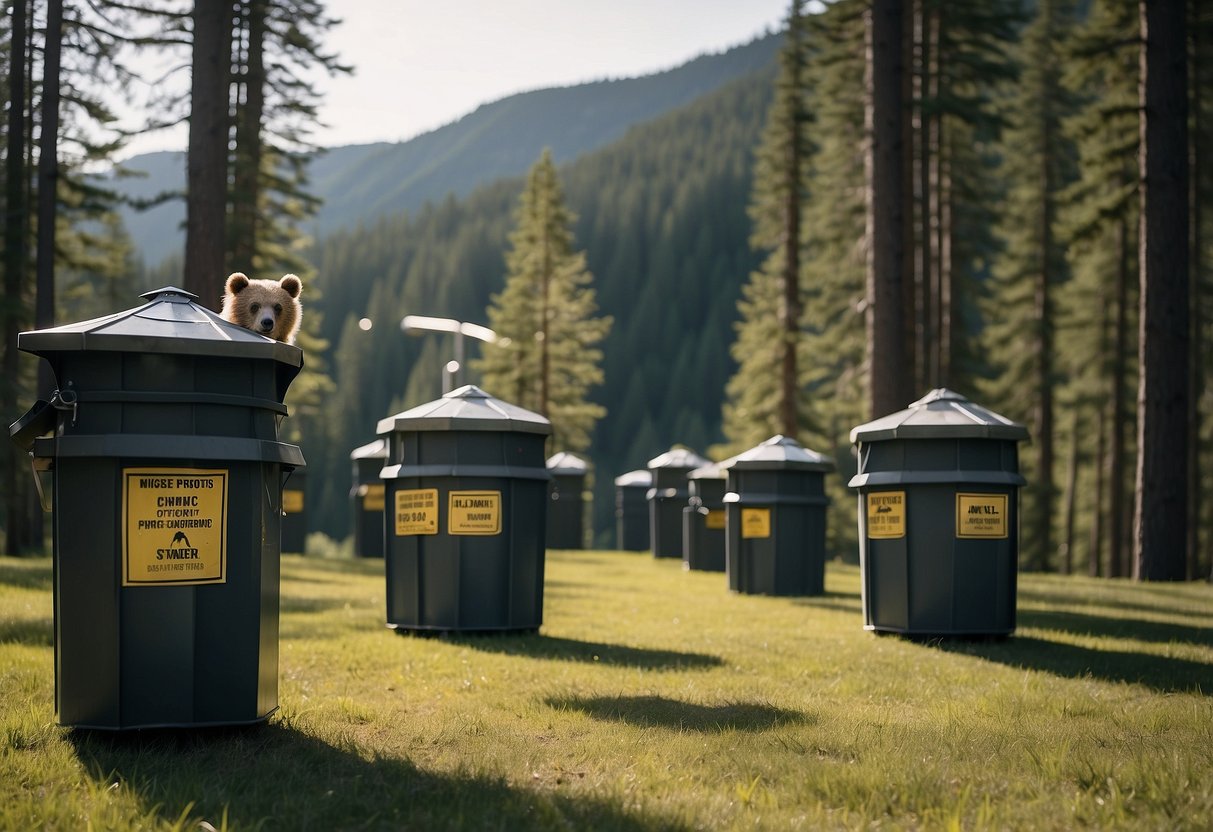A bear-proof kite flying area with secured trash bins, warning signs, and bear spray readily available
