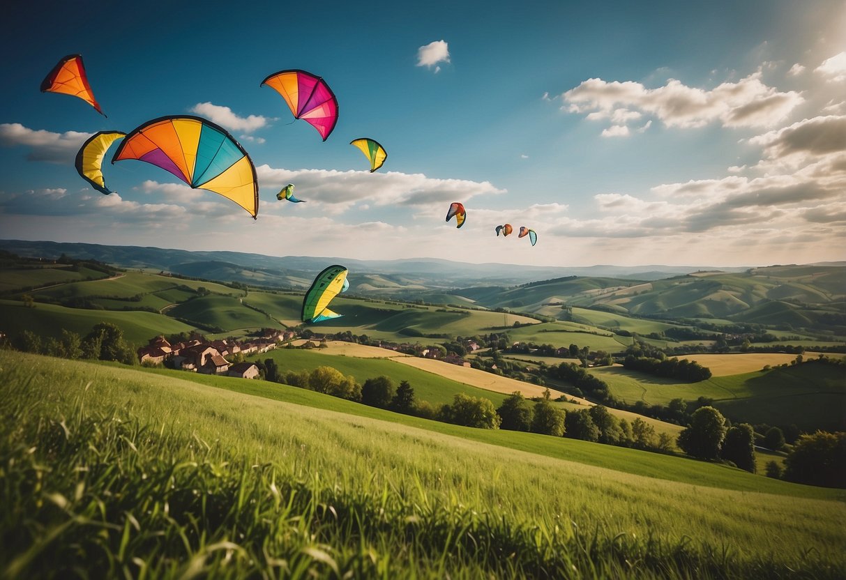 Vibrant kites soar over lush green fields, framed by rolling hills and quaint European villages. The sky is a canvas of color as kites dance in the wind, creating a picturesque scene of joy and freedom