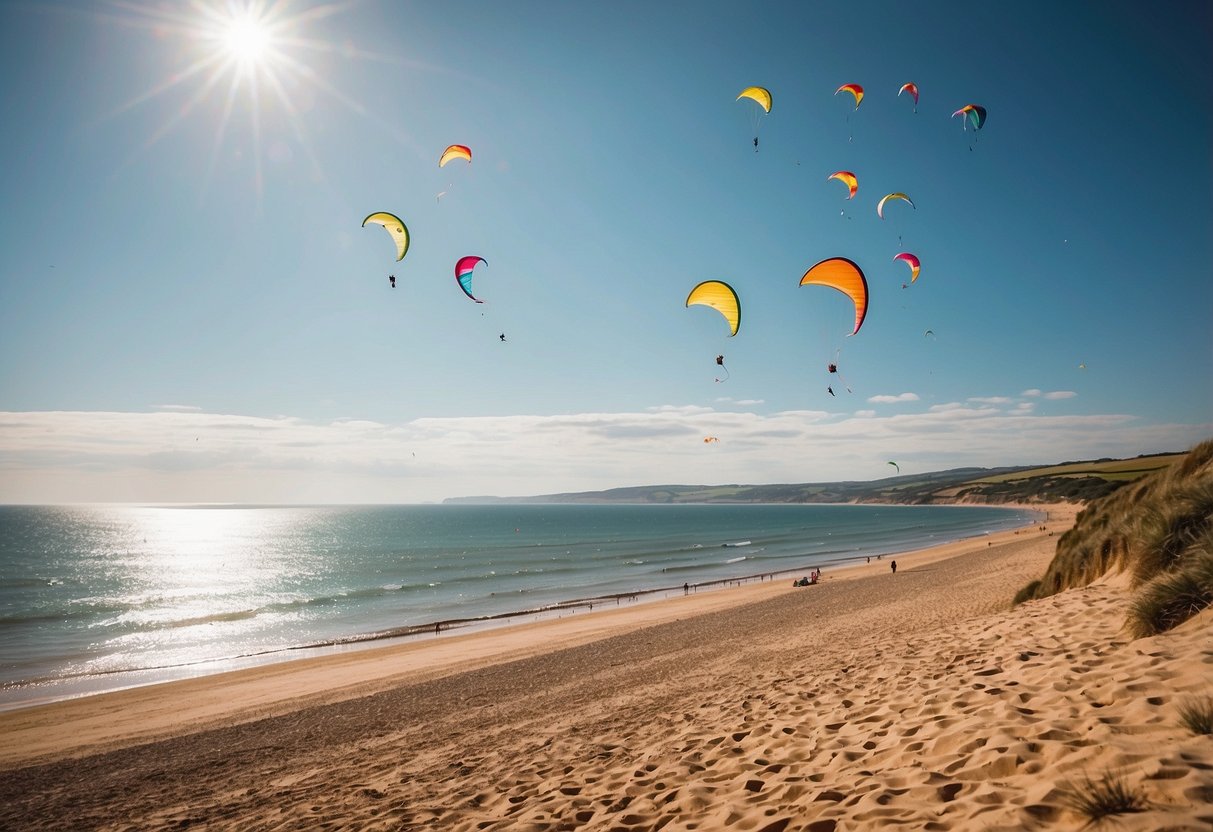 A sunny beach in Exmouth, England, with colorful kites soaring in the clear blue sky, surrounded by rolling hills and a sparkling ocean