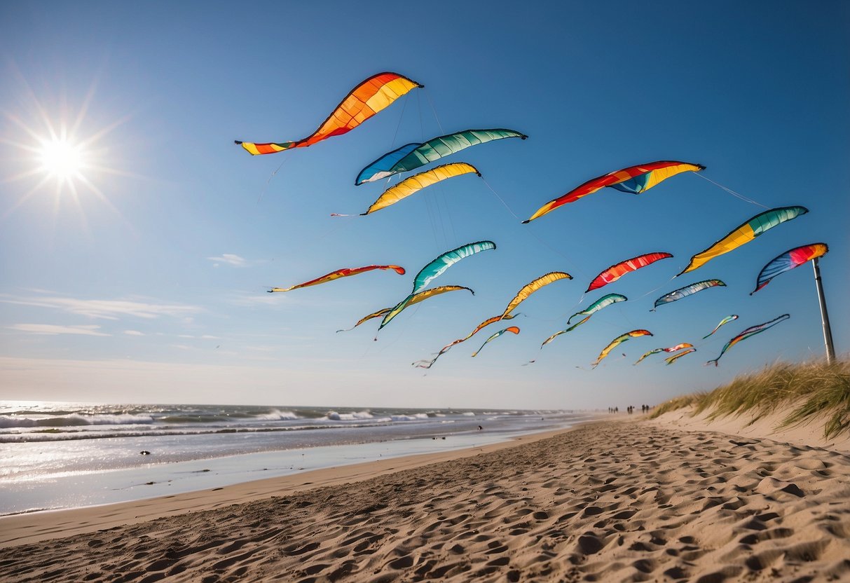 Vibrant kites soar above the sandy beach of Norderney, Germany, against a backdrop of clear blue skies and rolling waves