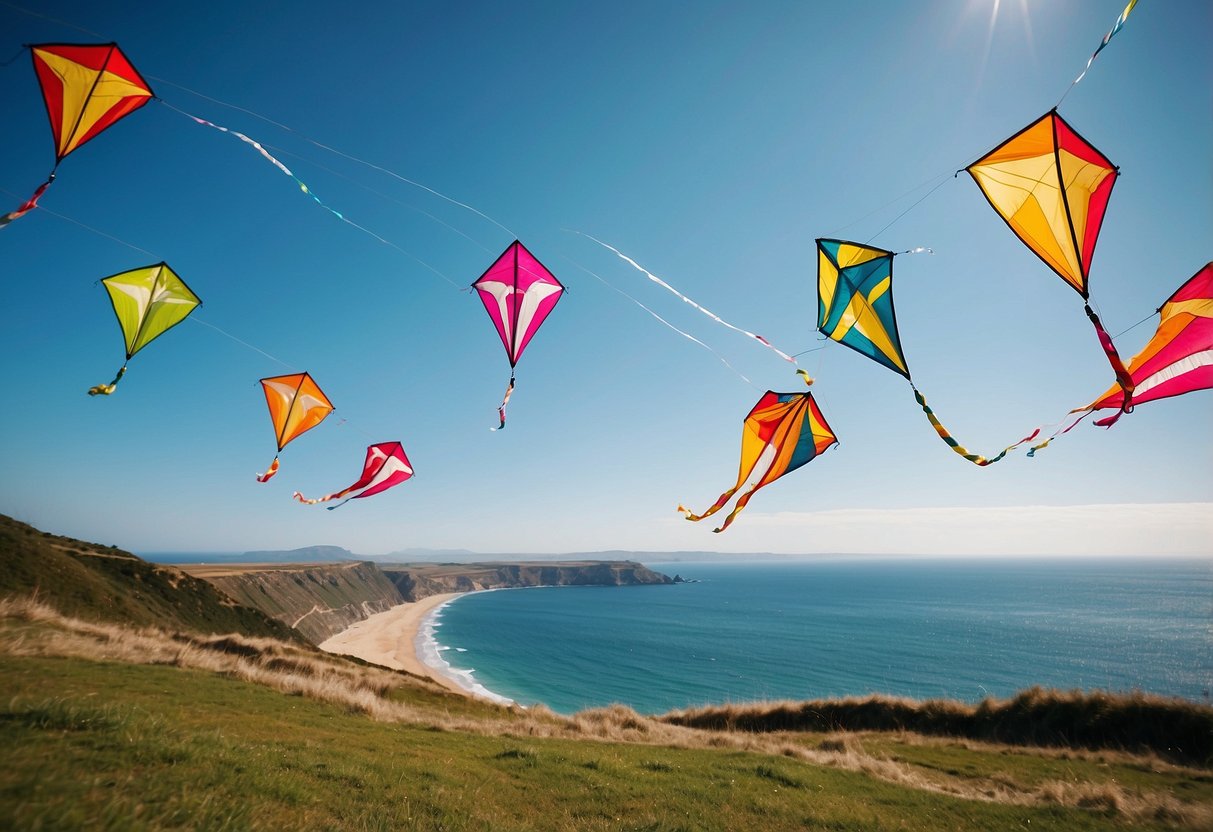 Vibrant kites soar above open fields and coastal cliffs, with clear blue skies and gentle winds. Safety signs and designated areas ensure a carefree and enjoyable experience for all