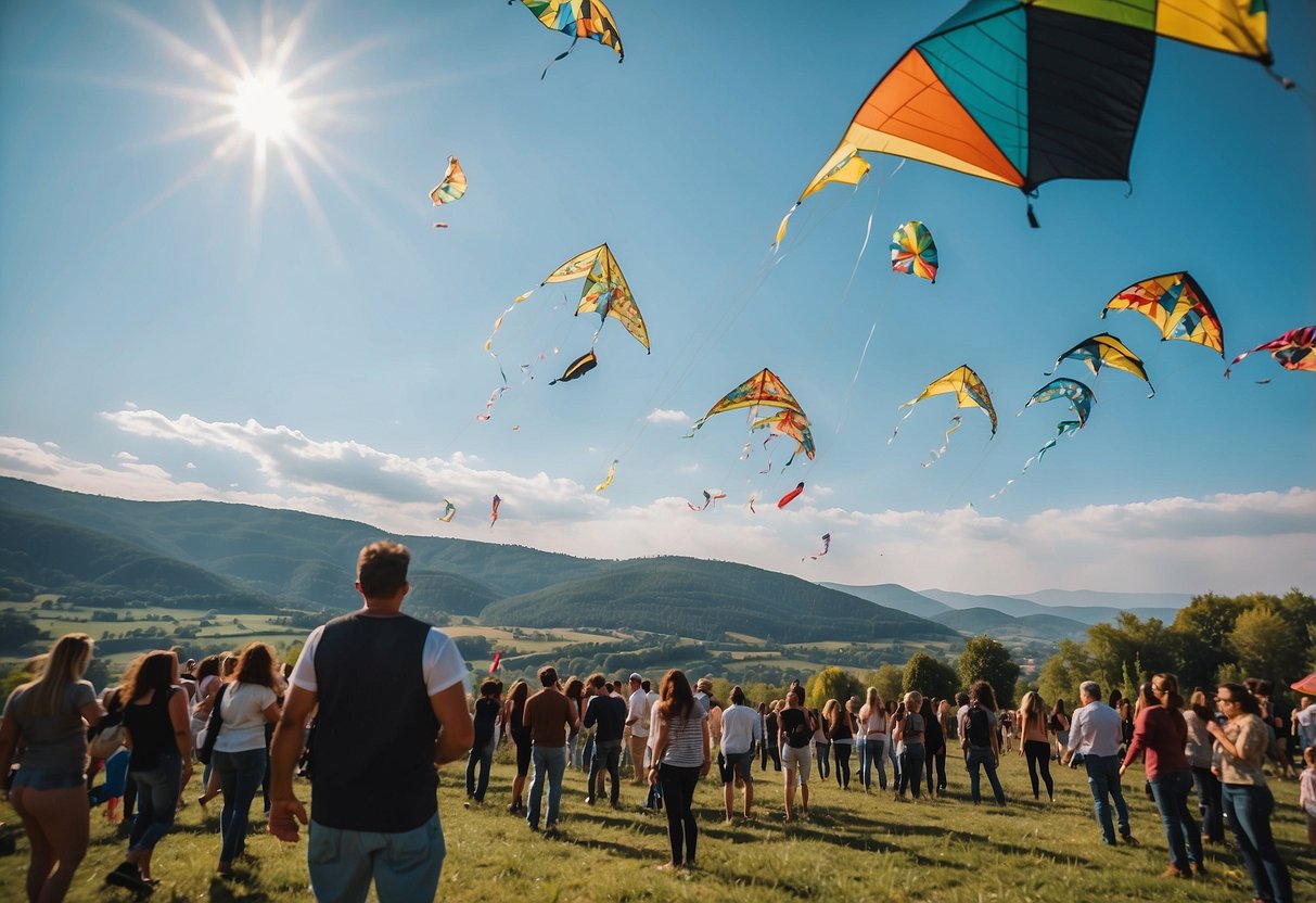 Vibrant kites soar over picturesque European landscapes at bustling festival grounds, showcasing local culture and traditions