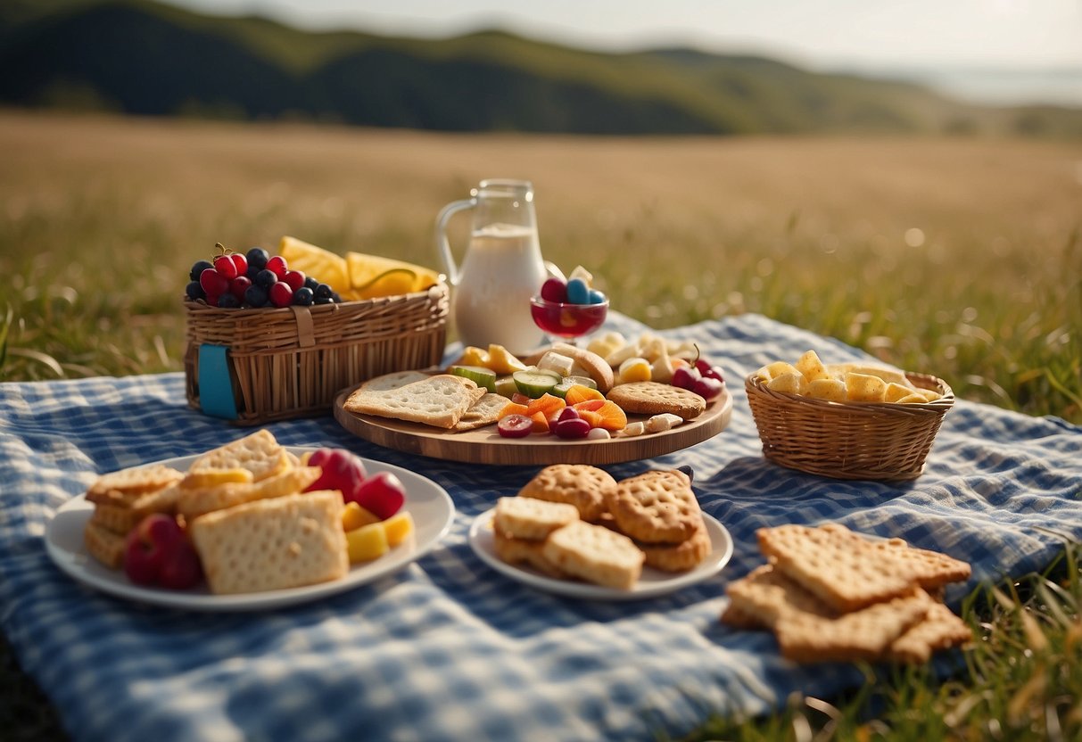 A picnic blanket spread with assorted snacks, a colorful kite flying in the sky above, and a scenic backdrop of open fields or a beach