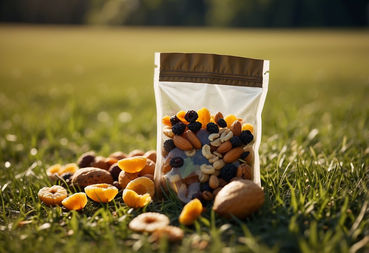 A colorful assortment of dried fruits, nuts, and seeds spills out of a resealable bag onto a grassy field. A kite soars in the sky above, while a backpack and water bottle sit nearby