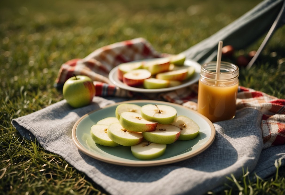 A plate of apple slices with a dollop of peanut butter next to a kite and picnic blanket on a grassy field