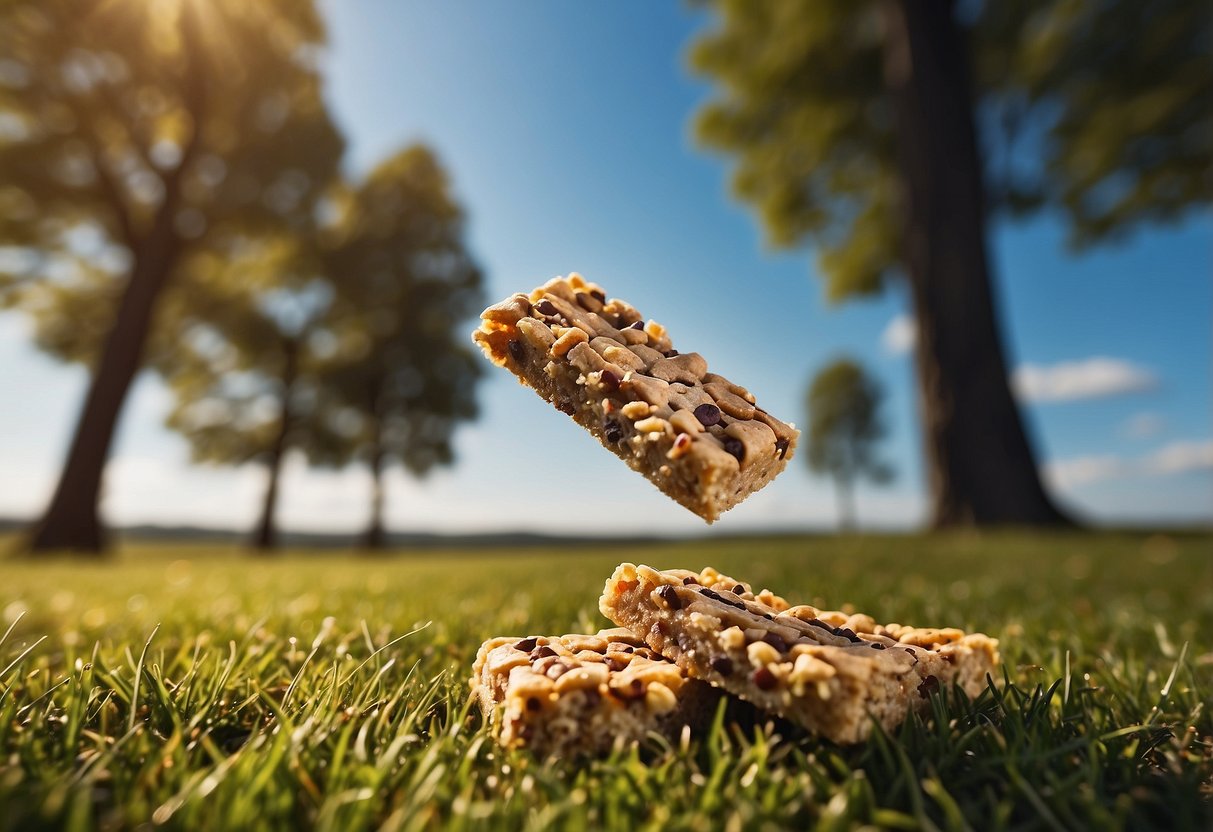 Energy bars and snacks scattered on a grassy field, kite flying in the background. Blue sky and trees in the distance