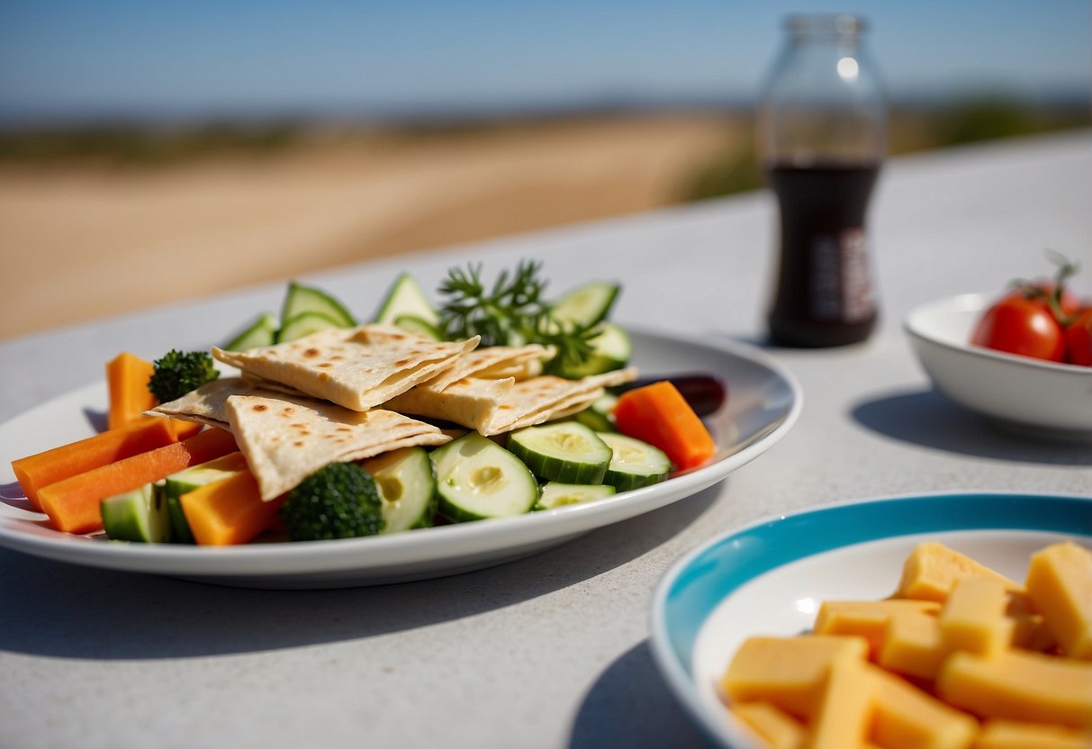 A plate of colorful vegetable sticks sits next to a bowl of creamy hummus. The kite and blue sky are visible in the background