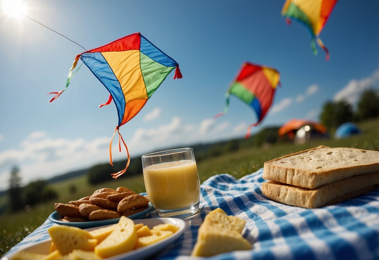 A colorful kite soaring in the bright blue sky, with a picnic blanket spread out below, surrounded by a variety of lightweight snacks, including string cheese