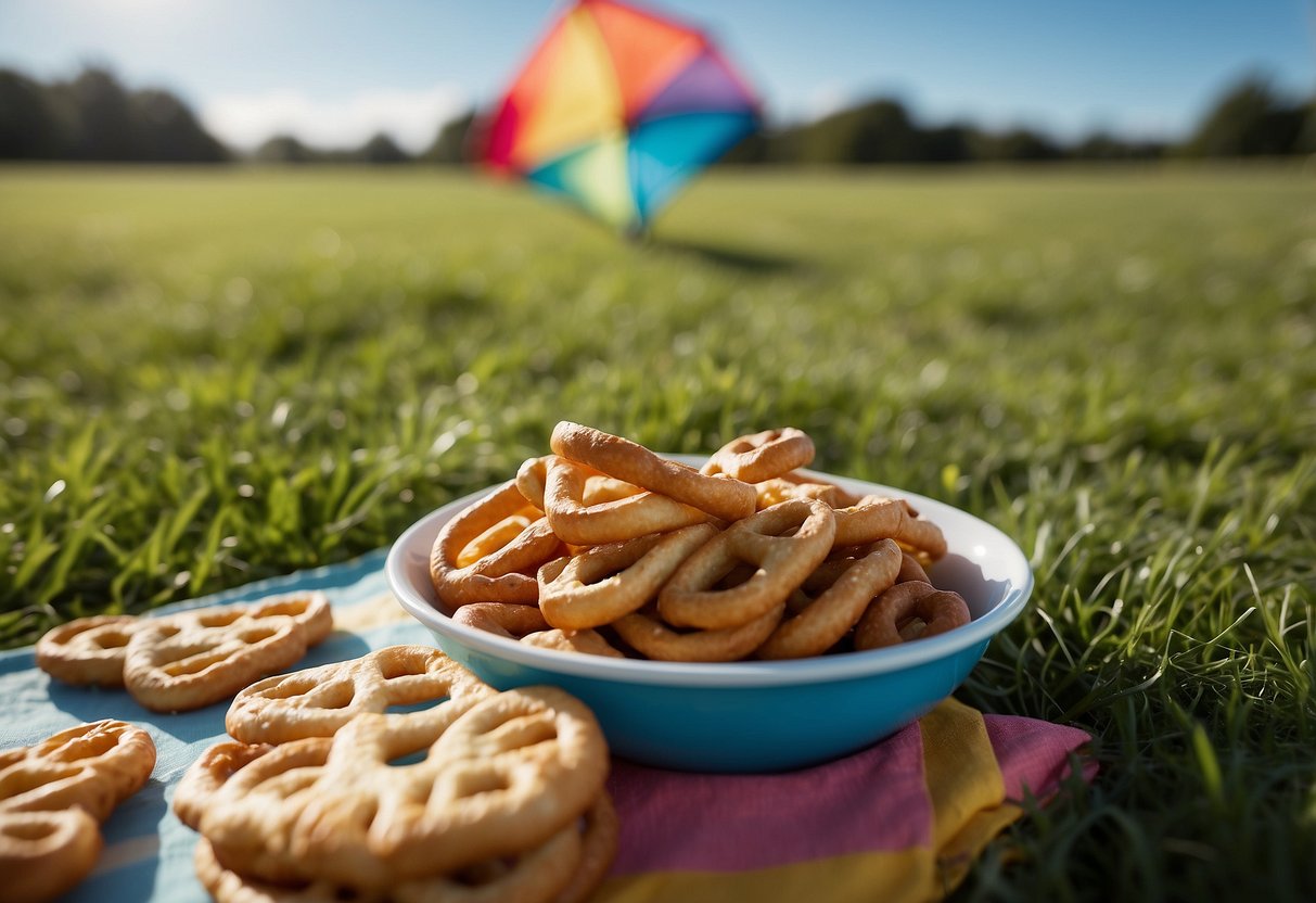 A colorful kite soars against a bright blue sky, while a small bag of yogurt-covered pretzels sits open on a grassy field, surrounded by other lightweight snacks