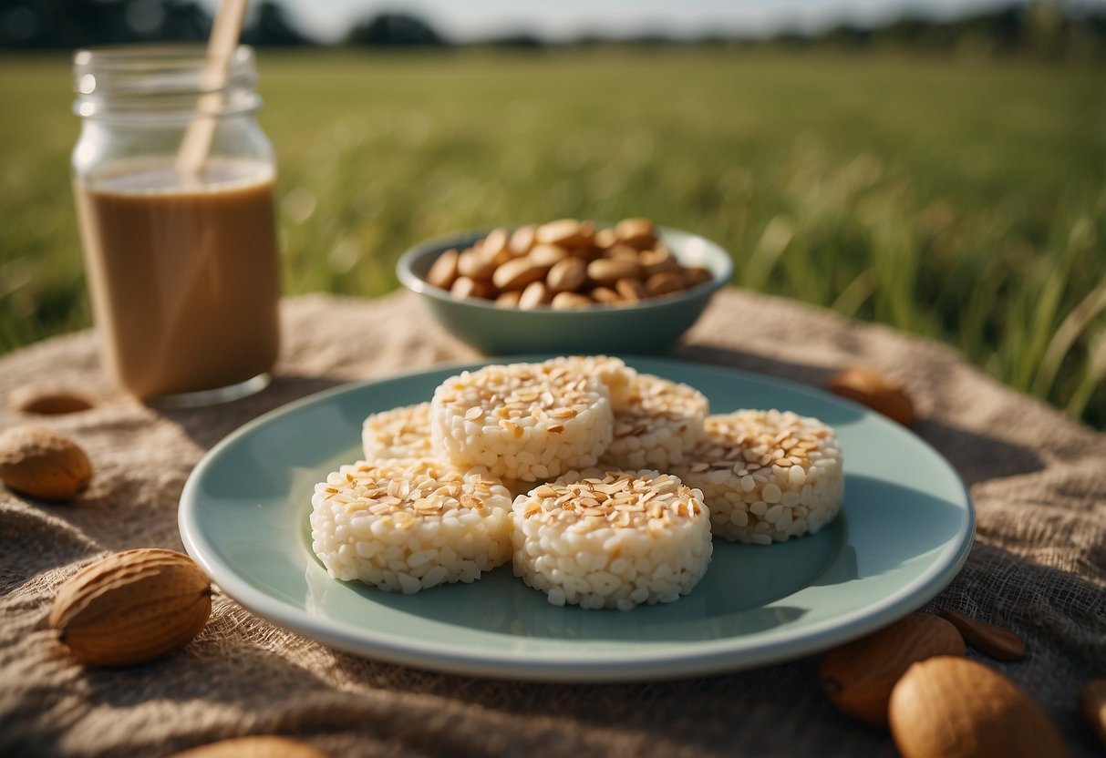 A table with a plate of rice cakes spread with almond butter, surrounded by a kite, string, and a grassy field