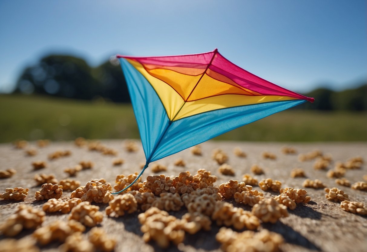 A colorful kite soars high in a clear blue sky, while a bag of granola clusters sits nearby, ready for a snack break