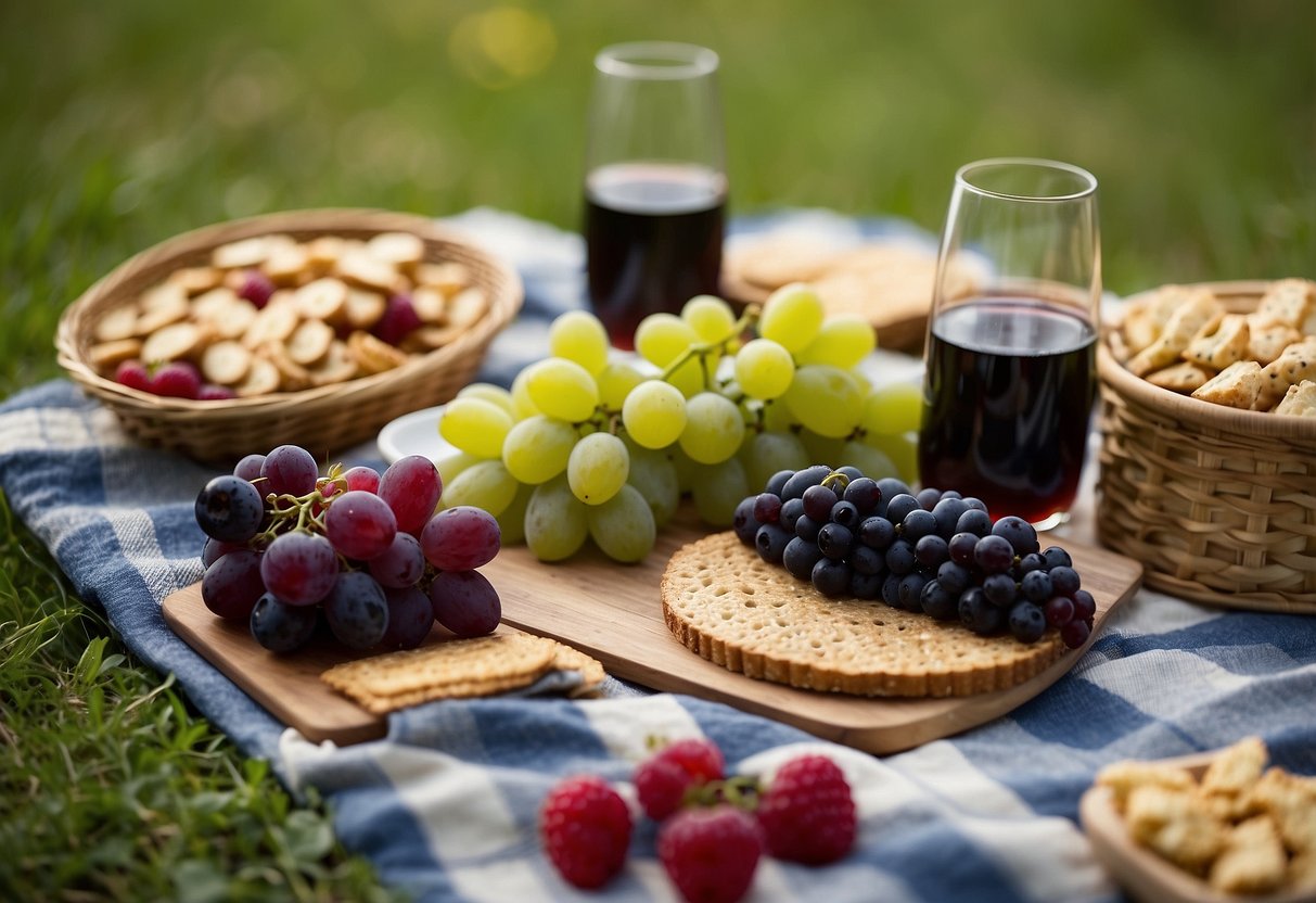 A picnic blanket spread with a variety of grapes and berries, surrounded by a selection of lightweight snacks. A colorful kite flies in the background