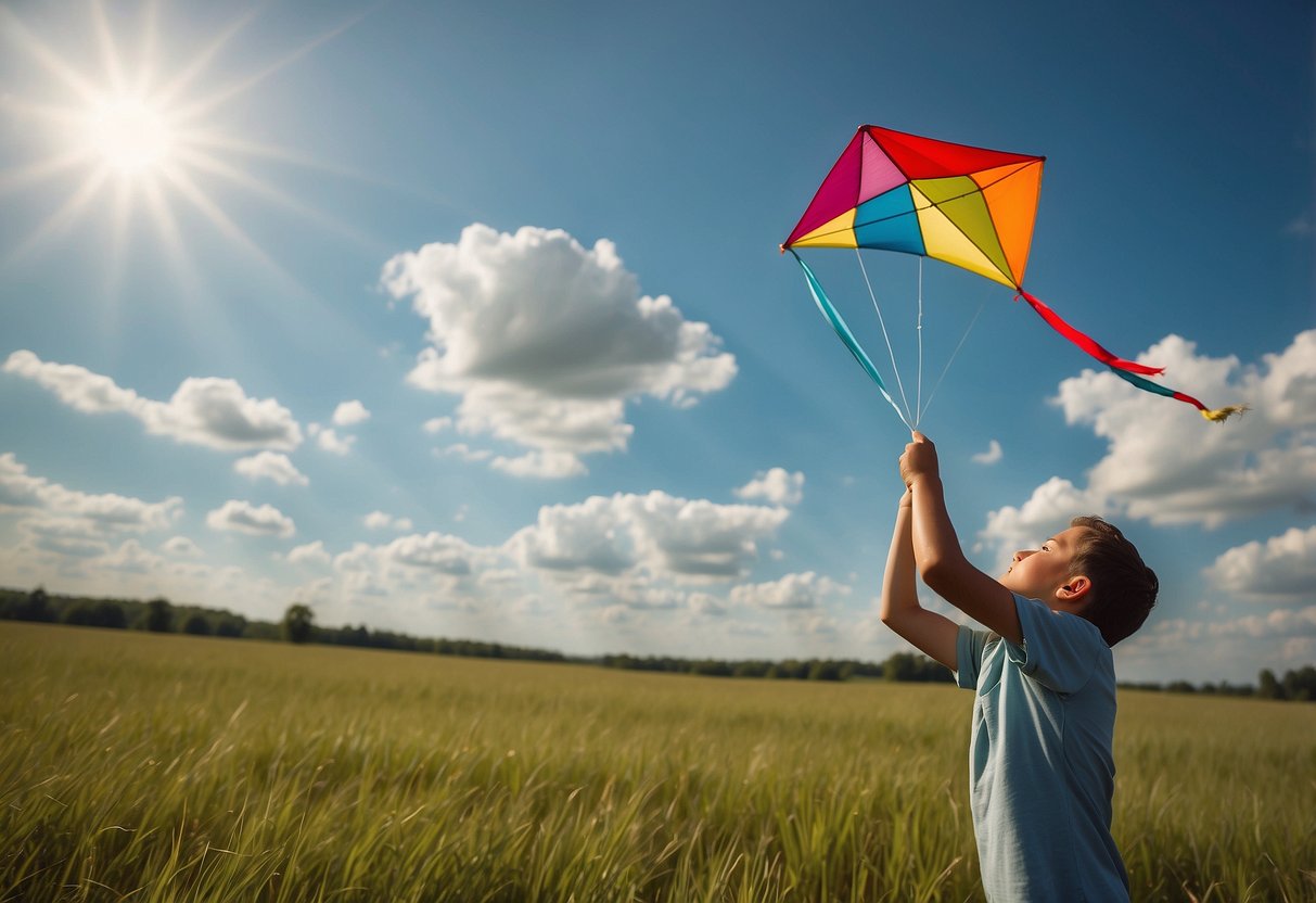 A colorful kite soars high in the sky, held by a hand with a box of whole grain crackers nearby. The sun shines brightly, and a gentle breeze blows through the grassy field