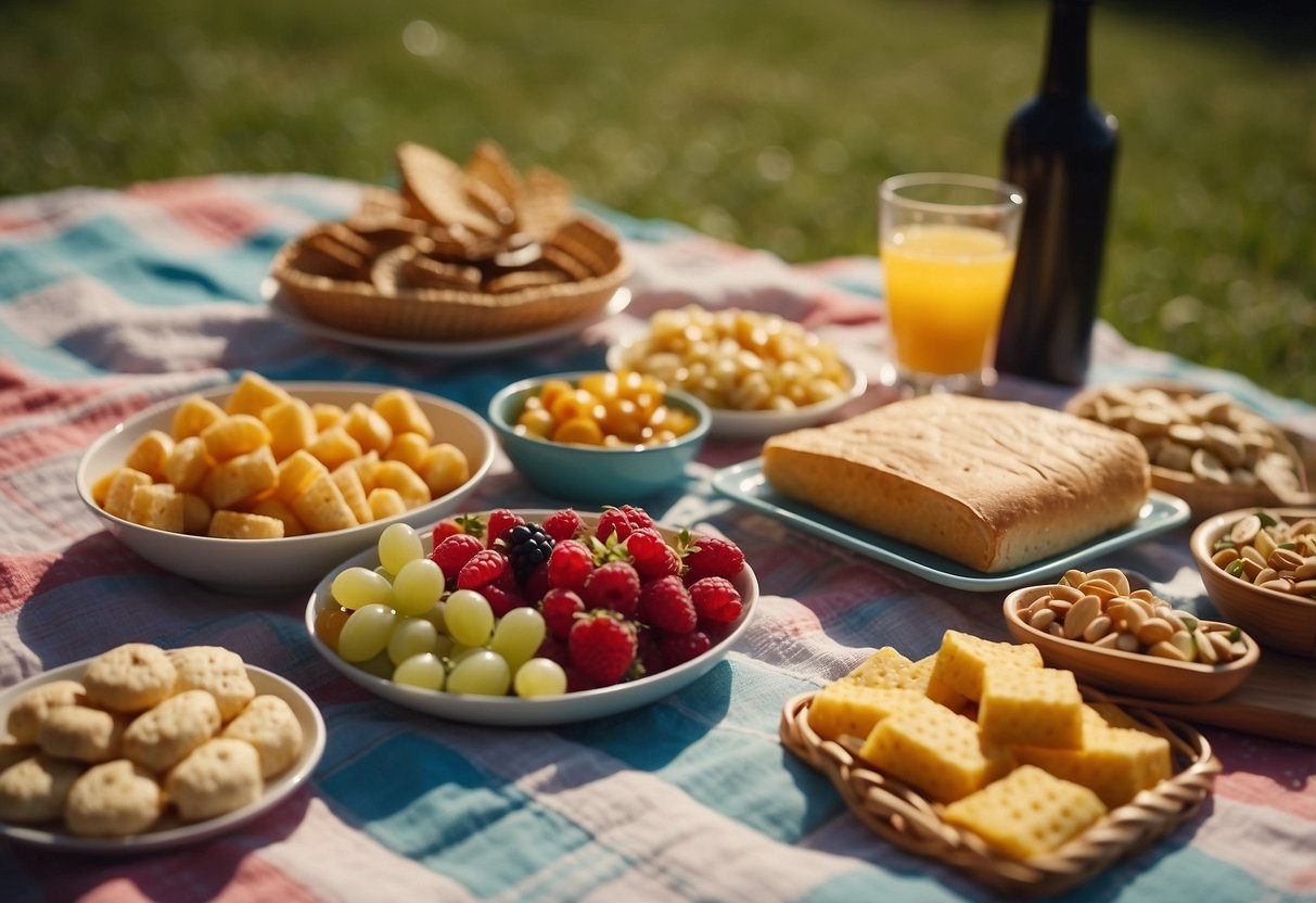 A picnic blanket spread with a variety of colorful, bite-sized snacks. A kite soars in the sky above, while the sun shines down on the scene