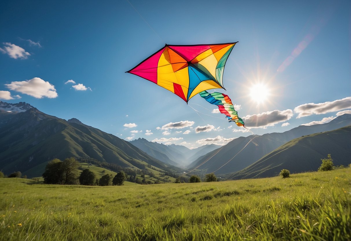 A colorful kite soars above a lush green meadow surrounded by towering mountains. The sun shines brightly in the clear blue sky as the kite dances and twirls in the wind