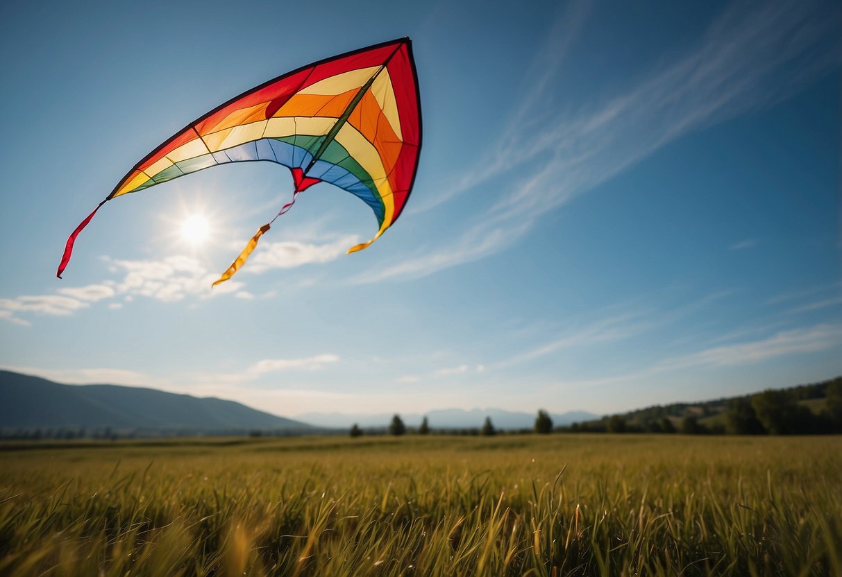 A colorful kite flies high, tethered to a ground stake in a wide open backcountry field. The wind blows gently, as the kite soars gracefully through the sky