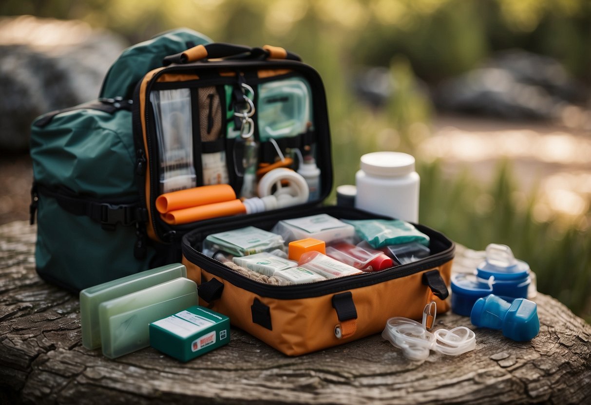 A first aid kit is being packed with kite flying gear in a rustic backcountry setting, surrounded by nature and outdoor equipment