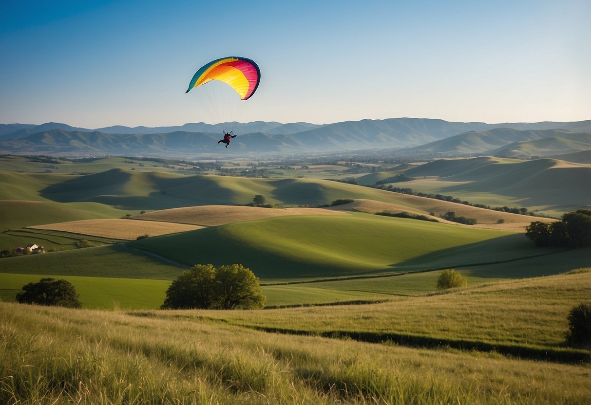 Vast open fields with rolling hills, clear blue skies, and a gentle breeze. A colorful kite soaring high above the landscape, with a sense of freedom and tranquility