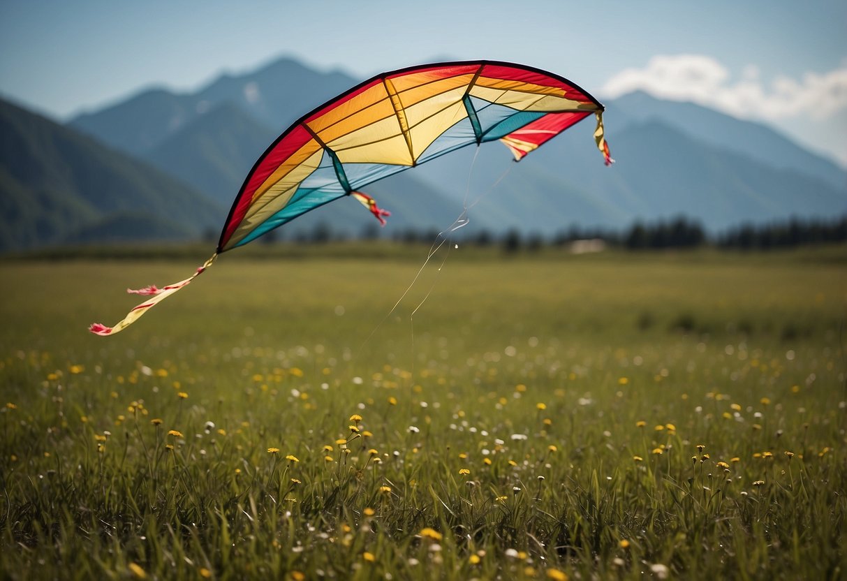 A kite flying in a vast open field, with mountains in the background. The kite is soaring high in the sky, with the wind blowing through the colorful fabric