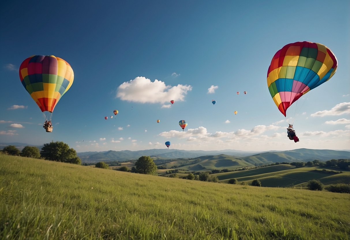 A clear blue sky with a gentle breeze, rolling hills and open fields, colorful kites soaring high, surrounded by nature and tranquility