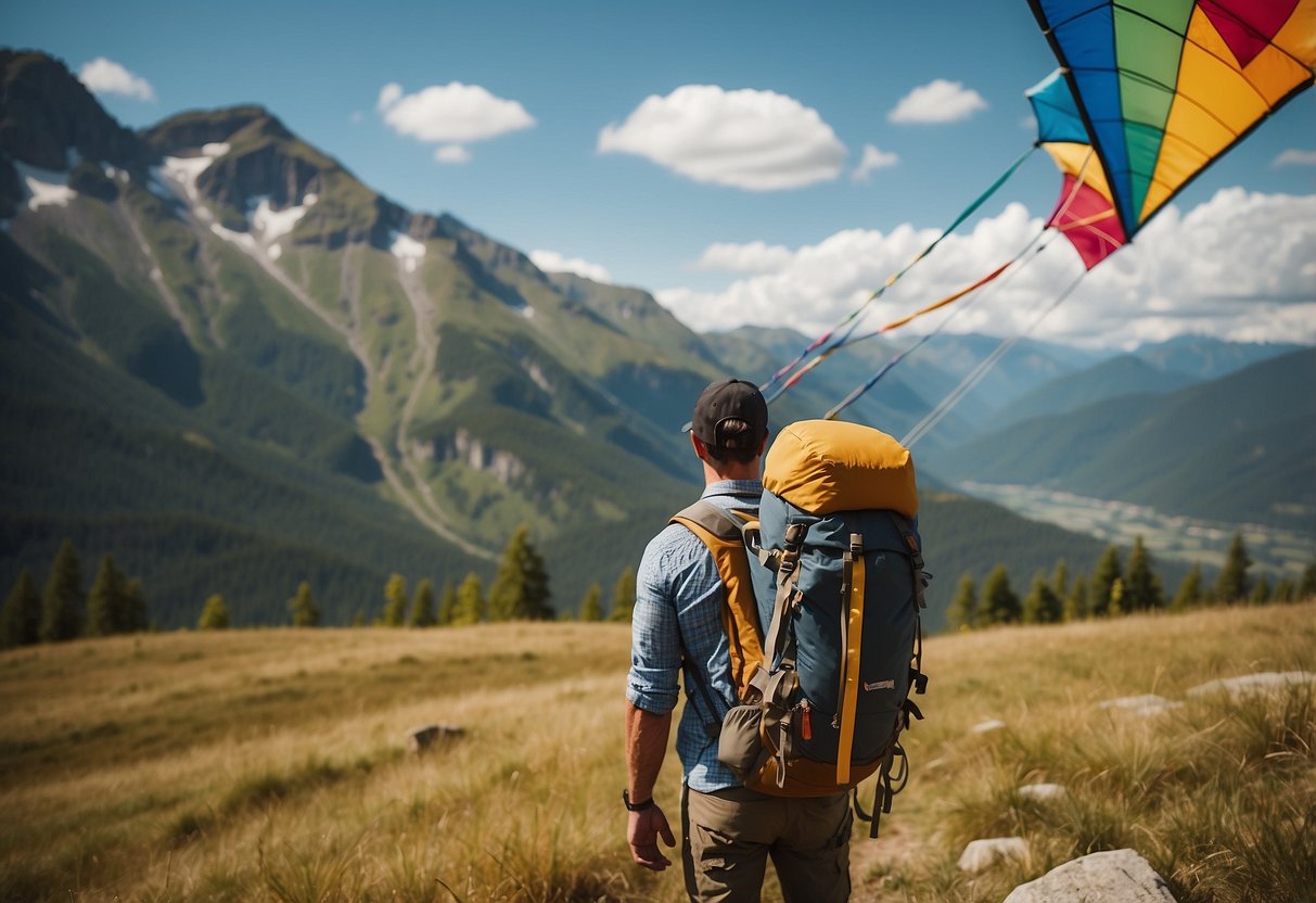 A rugged backpacker selects a sturdy kite from a display of colorful options, with mountains and forests in the background